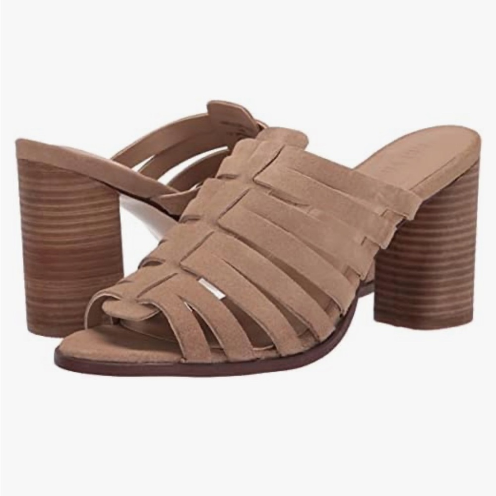 Crevo Tan Suede Strappy Block Heel Mules